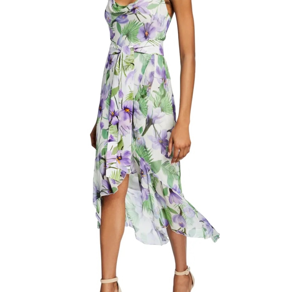 Alice + Olivia White Floral High-Low Sleeveless Midi Dress with Lavender Blooms